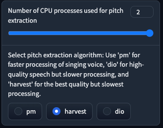 Number of CPU processes used for pitch extraction:ピッチ抽出に使用されるCPUプロセス数・アルゴリズムの設定- RVC WebUIの使い方
